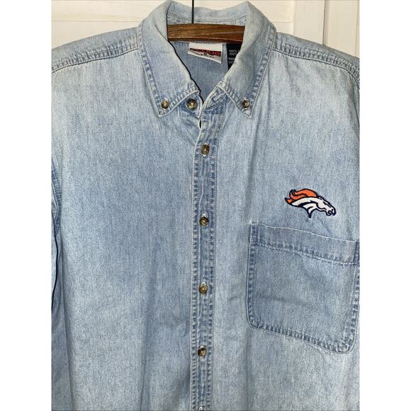 90s Denver Broncos Denim Shirt Light Wash Long Sleeve Embroidered Logo Small - Picture 6 of 7